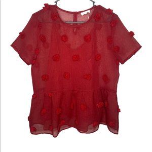 | 3D Red Pom Pom Sheer Women’s Blouse Size Medium